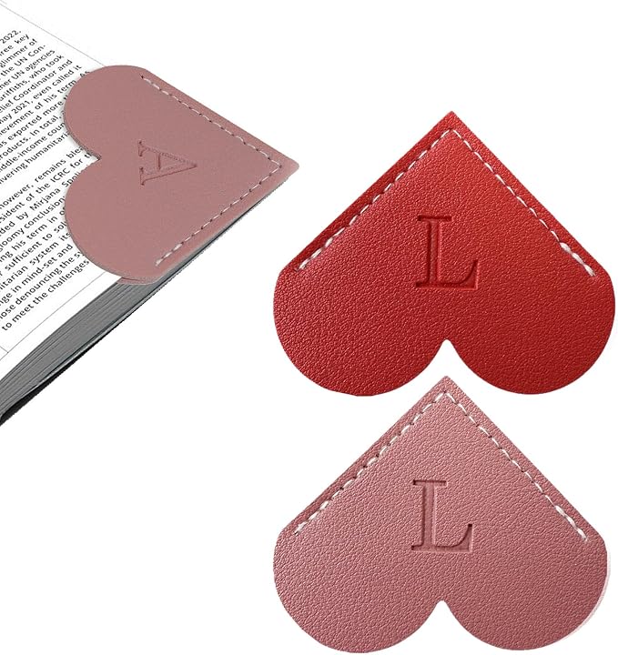 2Pcs Personalized Leather Heart Bookmark with Initial, 26 Letters Custom Corner Page Book Mark for Reading Women, Book Lovers, Teachers, Students, Cute Book Accessories Gifts(Red+Dark Pink, L)