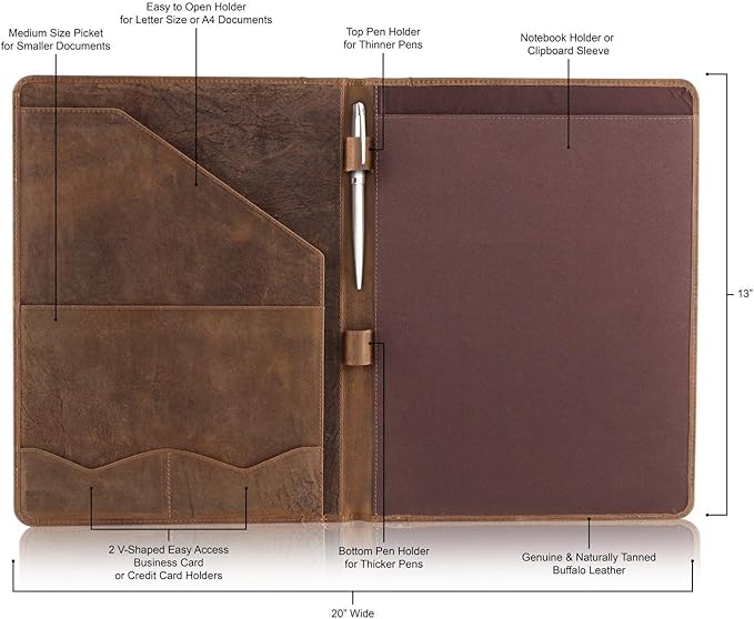 Moonster Leather Portfolio Professional Organizer Padfolio – Resume Folder with Luxury Pen - Leather Binder Portfolio Writing Pad with Business Card Holder - Portfolio Folder for Men & Women