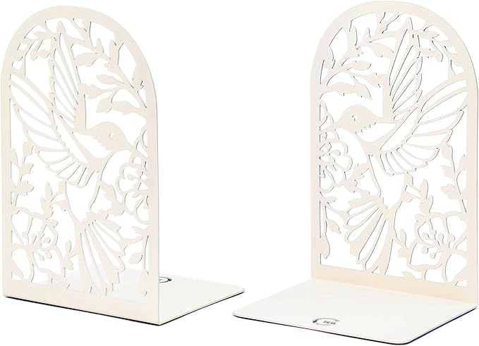 CNK Premium BookEnds - Metal Book Stoppers for Home Office, Book Shelf Holder, Decorative (Hummingbird White)