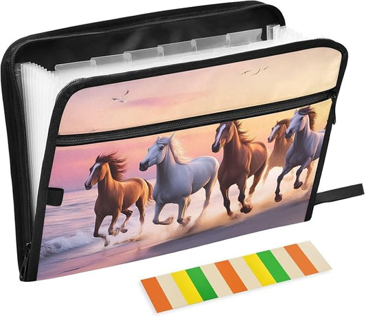 Expanding File Folder Beach Horse Accordion File Organizer 13 Pockets Document Organizer with Zipper Labels A4 Letter Office Storage