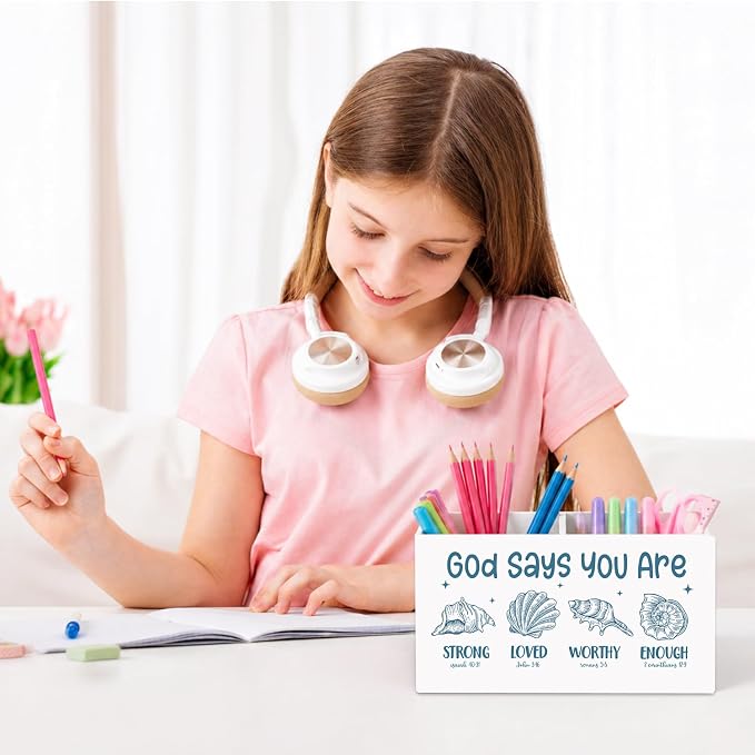 Blue Coastal Beach Christian Pen Pencil Holder for Desk, Christian Gifts for Women, God Says You Are Bible Verse Pencil Holders Wooden Box Organizer for Home Office Bedroom Desk Tabletop