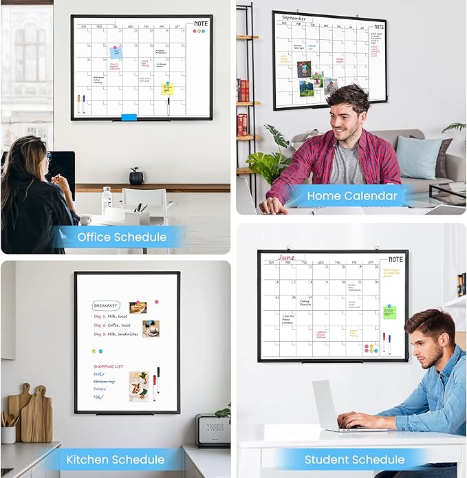 WALGLASS Dry Erase Calendar Whiteboard, 48" x 36" Monthly Large Dry Erase Calendar for Wall, Double-Sided Hanging White Board with Black Aluminum Frame for Home, School, Office, Kitchen