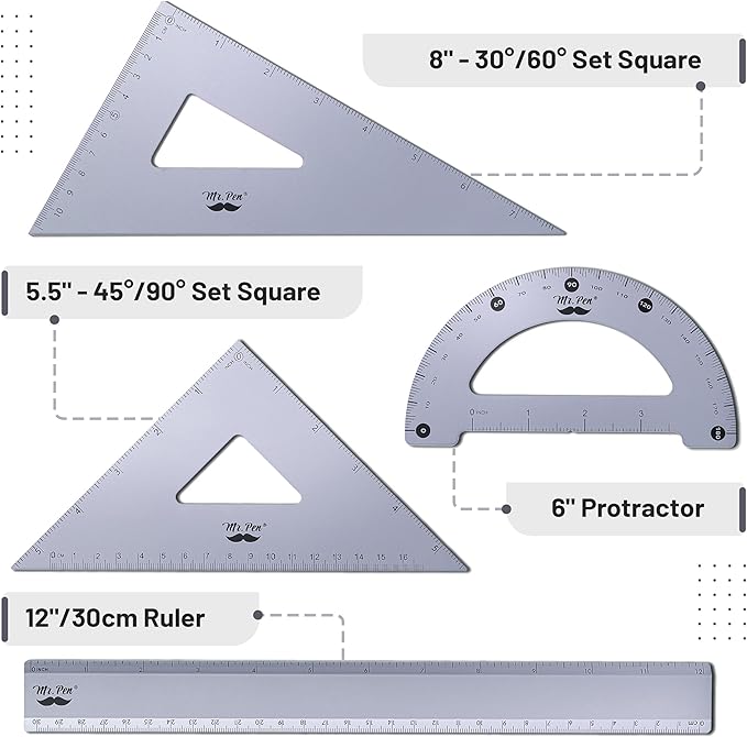 Mr. Pen- Metal Geometry Kit, 4 Pack, 45° & 30°/60° Set Squares, 6" Protractor & 12" Ruler, Durable Metal Drafting Tools for Technical Drawing, Math, Engineering & Architecture