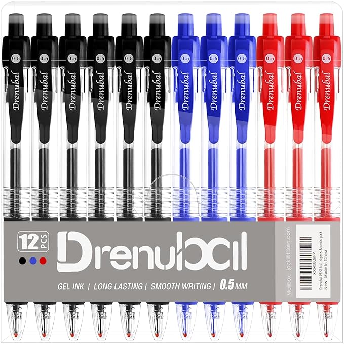 PENS bulk pack of 12 ink Pens, Retractable ballpoint pens Medium point 0.5 mm, 6 black pens & 3 Blue 3 Red &combo pack, Red+Blue+Black