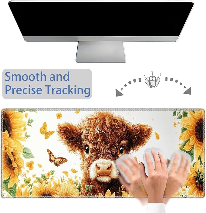 Mouse Pad Gaming Mousepad 31.5x11.8 Inch XXL Large + Coasters,Desk Mat with Stitched Edges, Non-Slip Rubber Base, Thick Mouse Pad for Computer, Laptop, Office & Home - Sunflower Highland Cow