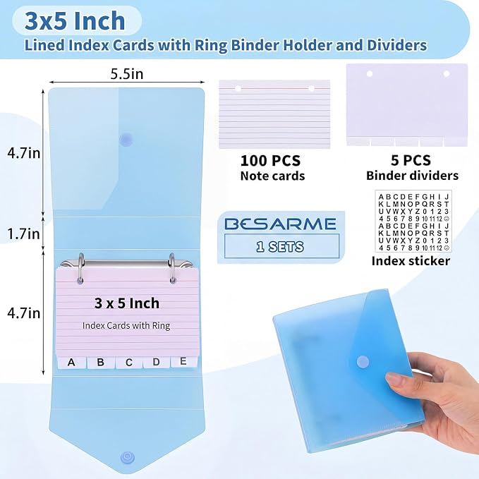 3x5 Index Card Binder, Index Cards with Ring and Dividers - 100 Lined Page Index Card Organizer Case with Snap Closure for Study, Recipe Cards, Office Use(Blue)