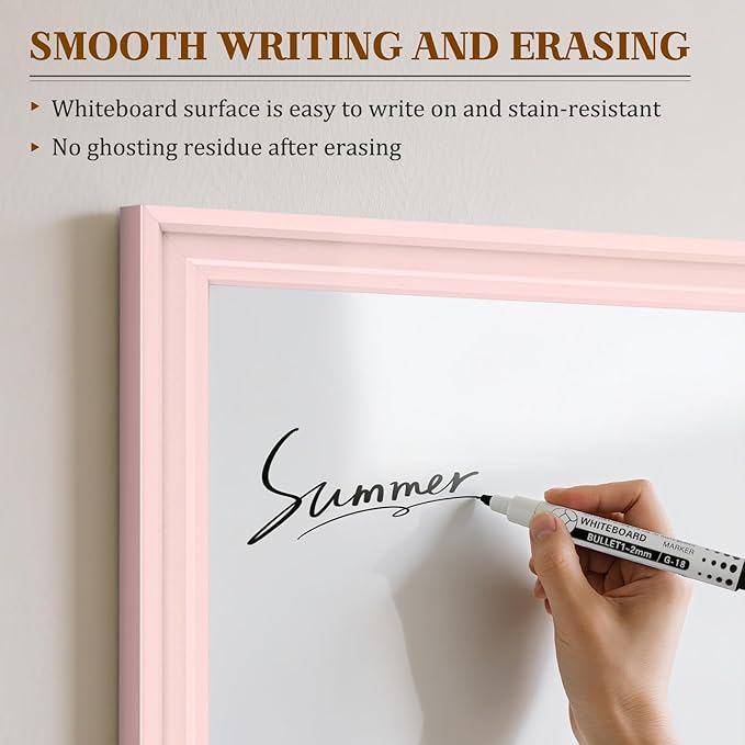 White Board for Wall, 24'' x 18'' Magnetic Dry Erase Board, Decorative Whiteboard with Pink Wooden Frame, Hanging Writing Board for Home Office School Dorm