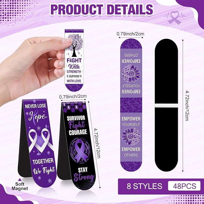 48 Pcs Purple Ribbon Cancer Awareness Magnetic Bookmarks Domestic Violence Pancreatic Cancer Alzheimer's Awareness World Suicide Prevention Book Marks for Society Events Funeral Memorial