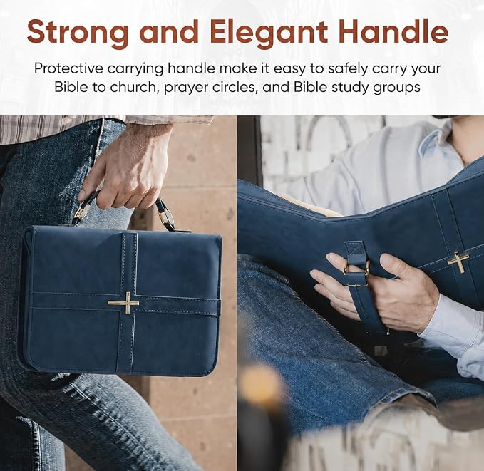 Bible Case (U.S. Patent Pending), Vibrant & Inspiring Bible Cover, with Romans 8:31 Bookmark, Blue Bible Cover Case for Women or Men, Elegant Bible Bag, Durable PU Leather Book Cover
