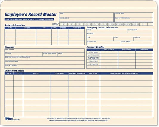 TOPS 3280 Employee Record Master File Jacket, 9 1/2 x 11 3/4, 10 Point Manila (Pack of 20)