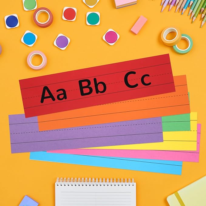 112 Sheets Rainbow Sentence Strips, 92LB/250gsm Cardstock Ruled Colored Sentence Learning Strips for Teachers, Classrooms, School Offices Supplies (7 Assorted Colors, 12” x 3”)