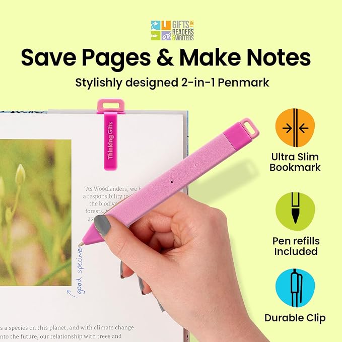 Gifts for Readers & Writers Pen Bookmark, Page Marker & Flat Writing Pen for Journal Notebook & Planner, Penmark Reading Accessory for Making Book Annotations, Pink