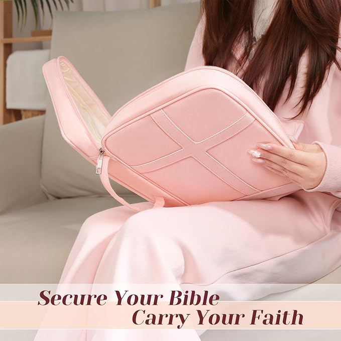 XKDOUS Large Bible Cover, Bible Bag with Handle, Durable Cross Design Bible Case with Bible Accessories, Bible Cover Case for Women and Men, Christian Gift (Pink)