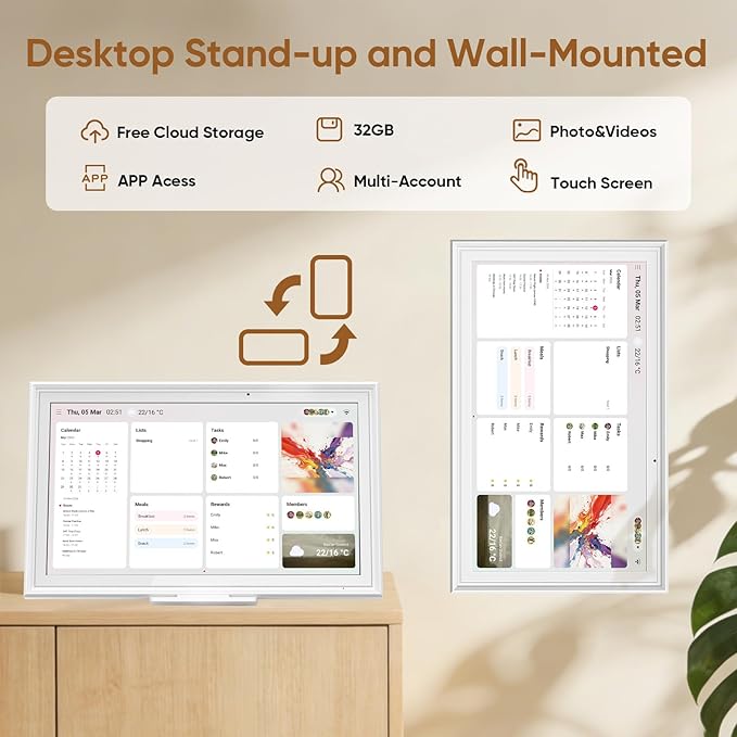 aiprotablet 15.6-inch Digital Calendar Chore Chart, Electronic Wall Planner Smart Calendar Touchscreen for Family Schedules, Meal Planner, Task Rewards, Picture Frame, Wall & Desk Mountable, Great for Organizing Your 2026 Calendar