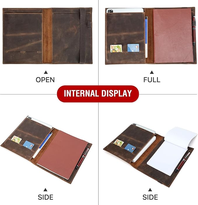 Top Grain Leather 11" Padfolio for Men & Women, Handmade Vintage Design, Multi-Functional Business Portfolio Organizer, Compatible with Cards/iPad/Pen/B5 Size Document, Coffee 11 Inch
