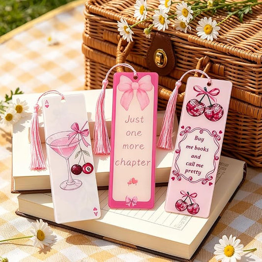 Coquette Acrylic Bookmark Set, 3PCS Pink Bookmarks with Tassel, for Book Lovers, Reading Accessories Gift for Women & Girls(3pc Bow)