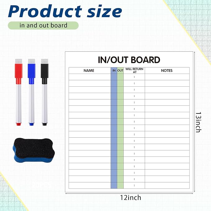 Lincia in and Out Dry Erase Board for Office 13" x 12" in/Out Board for Employee Staff 18 Name Adhesive Frameless Employee in/Out Planner with Dry Erase Marker Eraser for Personnel Staff Schedule