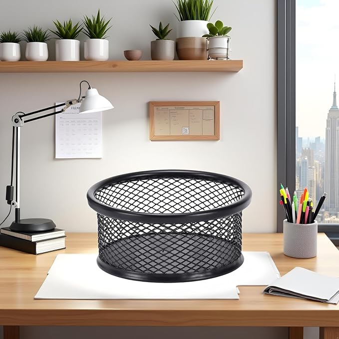 Black Metal Mesh Desk Organizer - Multi-Purpose Clip Holder for Office and School Supplies, Paperclip/Binder Clip Dispenser with Non-Slip Base (Home Office, Classroom, Study Desk Accessories)