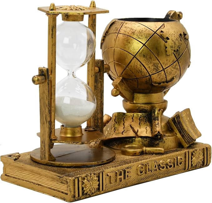 Owlgift Globe-Themed Pencil Holder with Hourglass, Resin Desktop Organizer for Office & Study, Pen Holder with Sand Timer, Classic Globe Addition Scissors Storage, Artistic Gift for Travel Lovers