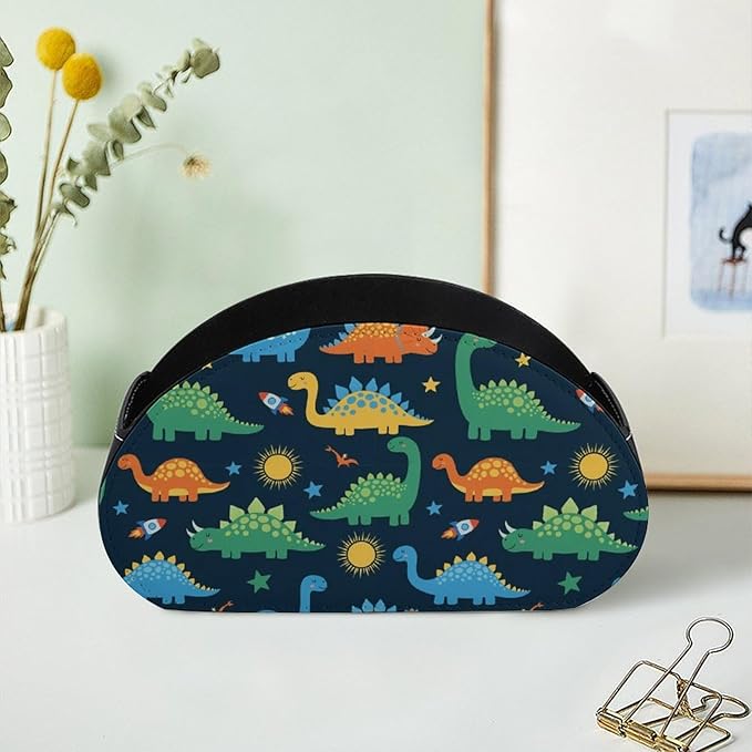 PU Leather Remote Control Holder with 5 Compartments, Desk Organizer for TV Remotes, Office Supplies, and Bedside Table Storage, Dinosaurs