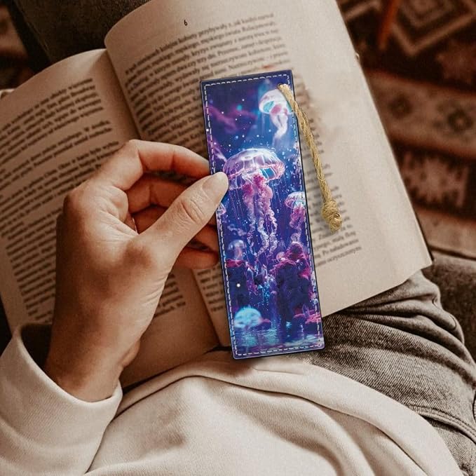 Colorful Jellyfish Bookmark 2 PCS Leather Bookmarks for Women, Men, Book Lovers, Page Markers for Students Teachers Reading Personalized Bookmark