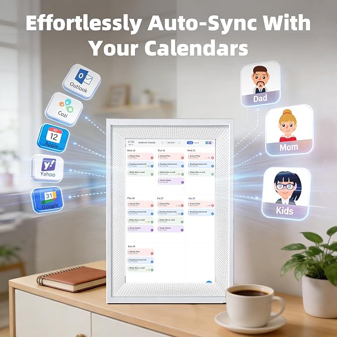 10.1" Smart Digital Calendar Display - WiFi Family Command Center & Chore Chart, Syncs Apple/Outlook/Google Calendar, Touch Screen Daily Planner, No Subscription (White Hole) ,Gifts for Women Men, Gifts for Mom Dad