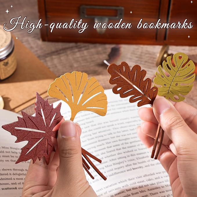 4 Pcs Vintage Wooden Bookmarks Gift Set, Retro Carved Leaf Theme Wood Bookmark with Leather Tassels, Must Have Book Mark Gift Box for Women Girls Readers Book Lovers Writers Teachers Students