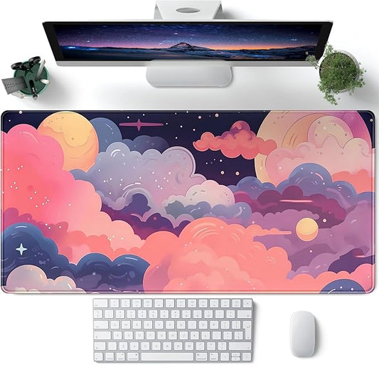 Cute Desk Mat Kawaii Clouds Pink Purple Desk Pad Anime XXL Large Mouse Pad Big Full Desk Gaming Mousepad Laptop Computer Keyboard Mouse Mat 31.5''X 15.7'' Cute Desk Decor Accessories