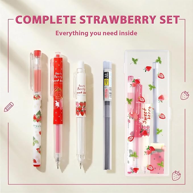 Cute Strawberry Pens Set Include Kawaii 0.5mm Strawberry Mechanical Pencil,Mechanical Pencil Lead Refills,Erasers,Gel Pens,Stickers,Strawberry Stationery Set for Office School Supplies