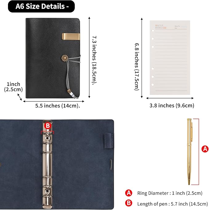 WONDERPOOL Leather Journal Lined Paper Notebook & Pen - Refillable 6 Ring Binder Writing Spiral Diary with Ruled Notepads Vintage Cover for Office Travel Work and Plan Agenda (a-Black, A6)