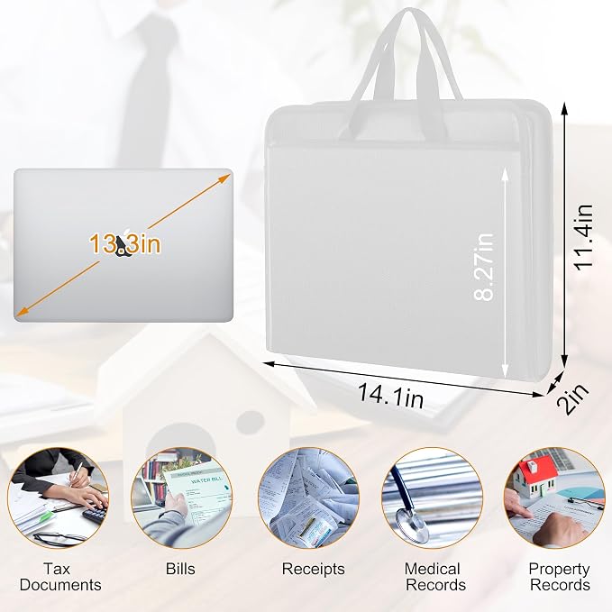 onvvippiv File Organizer Fireproof Expanding Accordion File Folder with Zipper Labels13 Pockets Document Organizer Holder Storage Box Bag for Business Office Receipt Home Travel