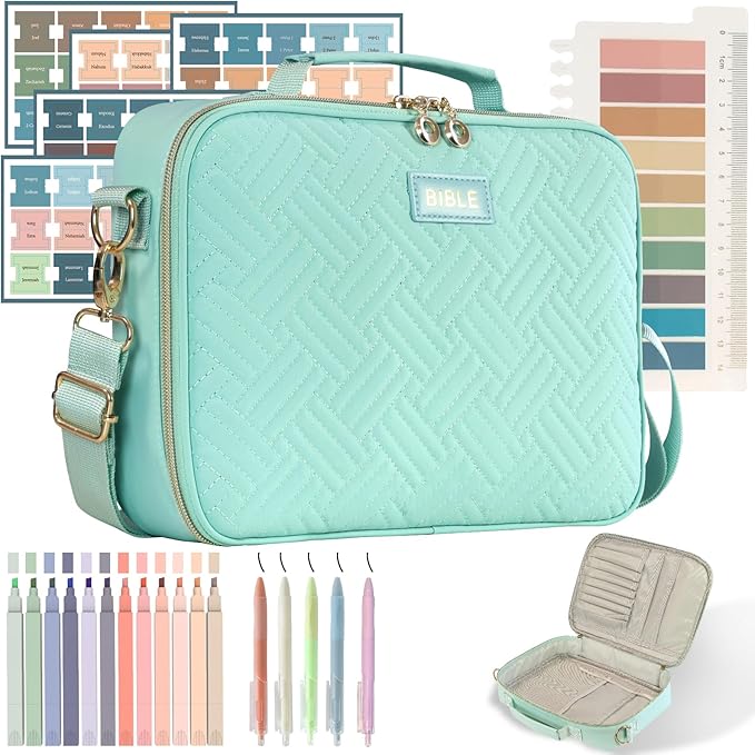 Bible Cover for Women Bible Case, Large Bible Bag, Bible Study Supplies Bible Journaling Kit Book Carrying Case with Bible Highlighters Tabs, Valentines Day Christian Gifts for Women (Blue)