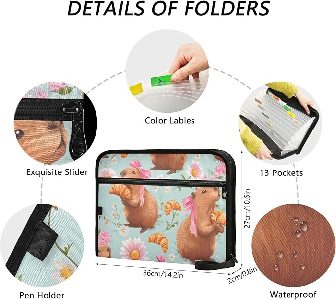 Expanding File Folder Bow Capybara Accordion File Organizer 13 Pockets Document Organizer with Zipper Labels A4 Letter Office Storage