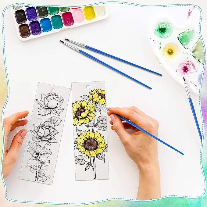 Sinmoe 120 Pcs Color Your Own Bookmarks 6 Styles Watercolor Bookmarks to Paint Card Stock Paper Watercolor Colorful Tassels Craft DIY for Classroom Projects Gifts Tags 5.9 x 2 Inch(Flower)