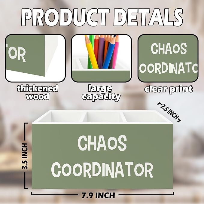 Chaos Coordinator Green Pen Pencil Holder Organizer for Desk, Thank You Gifts for Women Men Coworkers Boss Leader Manager, Appreciation Gifts Wooden Box Sign for Office Tabletop Decorations