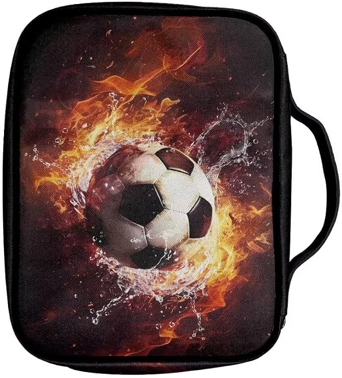 Coldinair Fire Soccer Large Bible Cover with Handle and Bookmark Bible Carrying Book Case for Kids Teen Nylon Church Bag Bible Protective for Men,Flame Water Standard Large Size Bible Covers