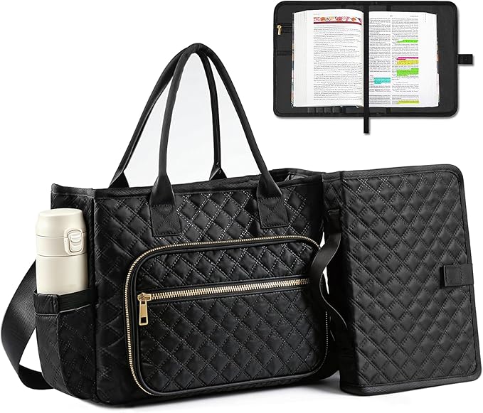 Large Bible Bag with Bible Cover for Women,Church Tote Bag with Shoulder Strap,Waterproof Bible Study Supplies,Bible Accessories for Christian Gift,Quilted Tote Bag for Men/Women,Black