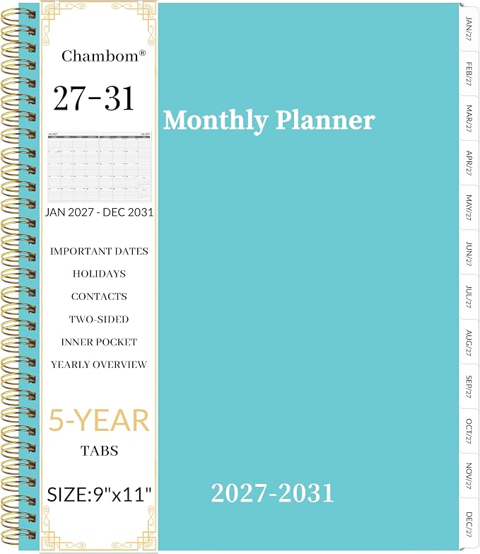 2027-2031 Monthly Planner 5 Year Monthly Planner/Calendar 2027-2031, Jan 2027 – Dec 2031, 9" x 11", Tabs, Double-Side Pocket, Holidays, Thick Paper - Blue
