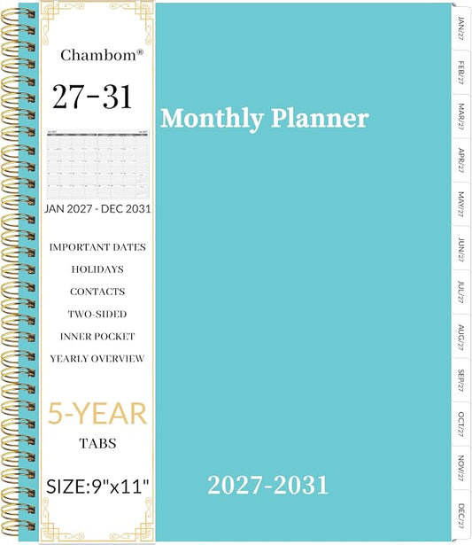 2027-2031 Monthly Planner 5 Year Monthly Planner/Calendar 2027-2031, Jan 2027 – Dec 2031, 9" x 11", Tabs, Double-Side Pocket, Holidays, Thick Paper - Blue