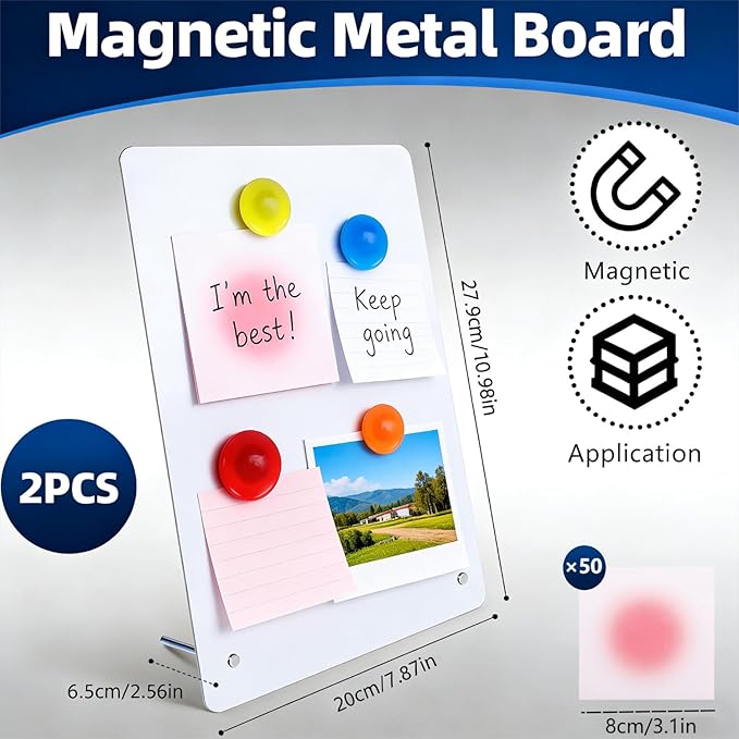 2 Pcs Magnetic Board, Black Magnet Message Board, 11"x7.8"Metal Magnetic Bulletin Board with 50pcs Memo Sheets and 8pcs Magnets, Magnet Display for Home, School, Kitchen, Office(Square,White)