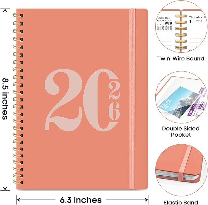 2026 Planner, Weekly and Monthly Calender Planner, Jan 2026 to Dec 2026, Hardcover 2026 Calendar Book with Tabs & Inner Pocket, Office Home School Supplies for Women & Men - A5 (6.3" x 8.5"), Coral