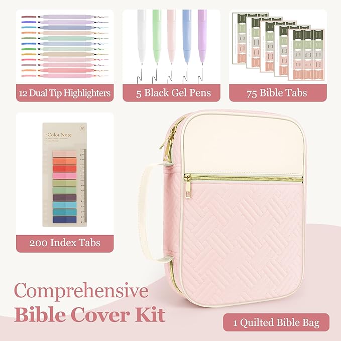 Ndsox Bible Cover Case with Handle for Women, Quilted Fabric & Vegan Leather Carrying Book Case Church Bag Bible Study Supplies Accessories Christian Gifts for Mother Lady Women Men, White & Pink