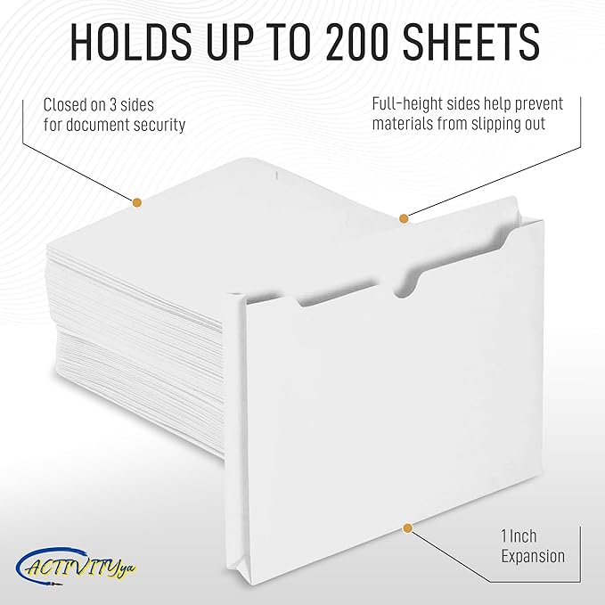White File Jackets, 1 Inch Expansion, Letter Size, Reinforced Straight-Cut Tab, 6 Pack