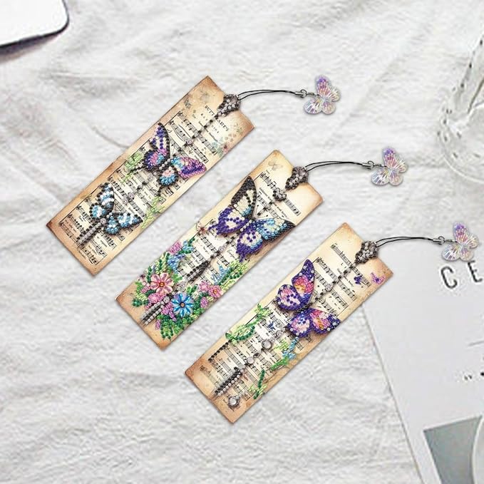 ARTopet 3Pcs DIY Diamond Art Painting Bookmarks with Colorful Butterfly Pendant PET Bookmark Ornament Double Sided Pattern Single Sided Diamond Book Marker Clip Gifts Tags-Butterfly02