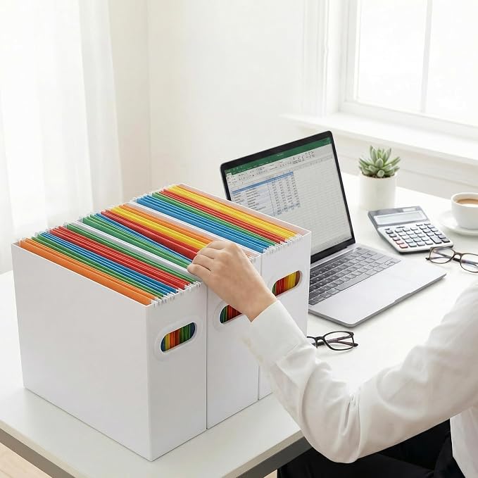 Hanging File Organizer Box, 6 Pack White Cardboard File Folder Holder for Letter Size, Portable Desk Document Storage with Handles, for Office,Home,School