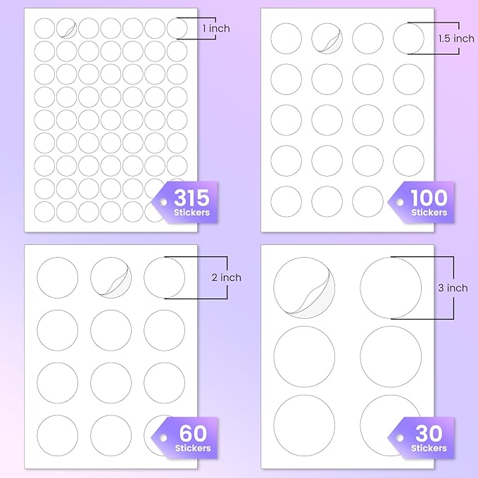 L LIKED Printable Round Labels，505 Matte White Circle Stickers with 4 Assorted Sizes（Diameter 1"，1.5"，2"，3"）, for Laser/Inkjet Printer