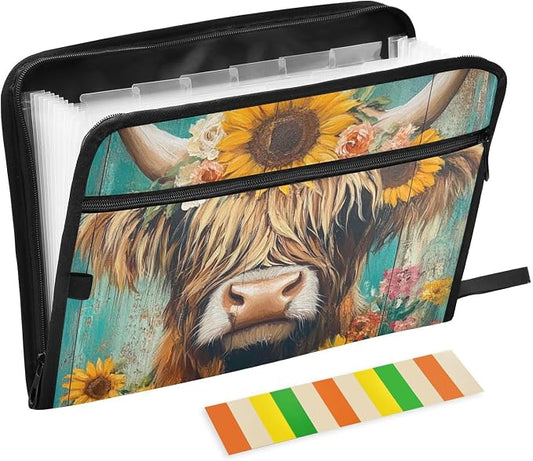 ALAZA Cow and Sunflowers Expanding Filing Folder, 13 Pockets Expandable Document Organizer Folder with Zipper Closure for Home Office A4 Letter Size Paper Document