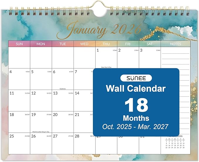 SUNEE 2026 Wall Calendar- 18 Months Calendar Oct. 2025 - Mar. 2027, 11"x8.5" Big Grid Hanging Calendar with Note for Organizing & Planning,