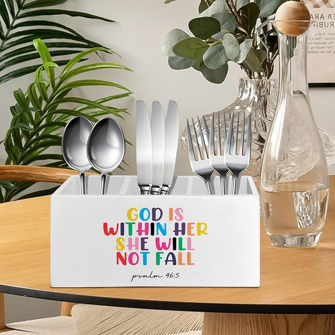 Christian Inspirational Pen Pencil Holder Organizer for Desk Accessories, God Is Within Her She Will Not Fall Bible Verse Wooden Box Sign Desk Decor for Home Office Decoration