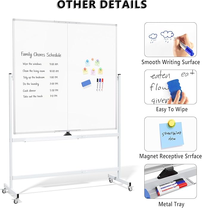 Large Rolling Whiteboard on Wheels, 48" x 48" Double-Sided Mobile White Board with Stand, 4' x 4' Portable Standing Magnetic Dry Erase Board Easel for Home Office Classroom School, Silver